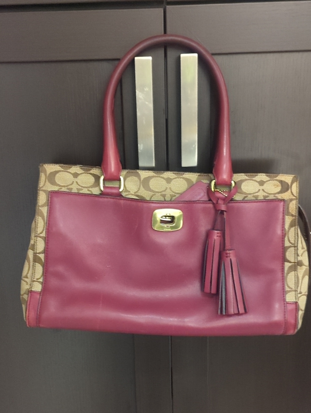 Coach Legacy Chelsea Carryall Satchel  Burgundy Leather & Khaki Monogram
